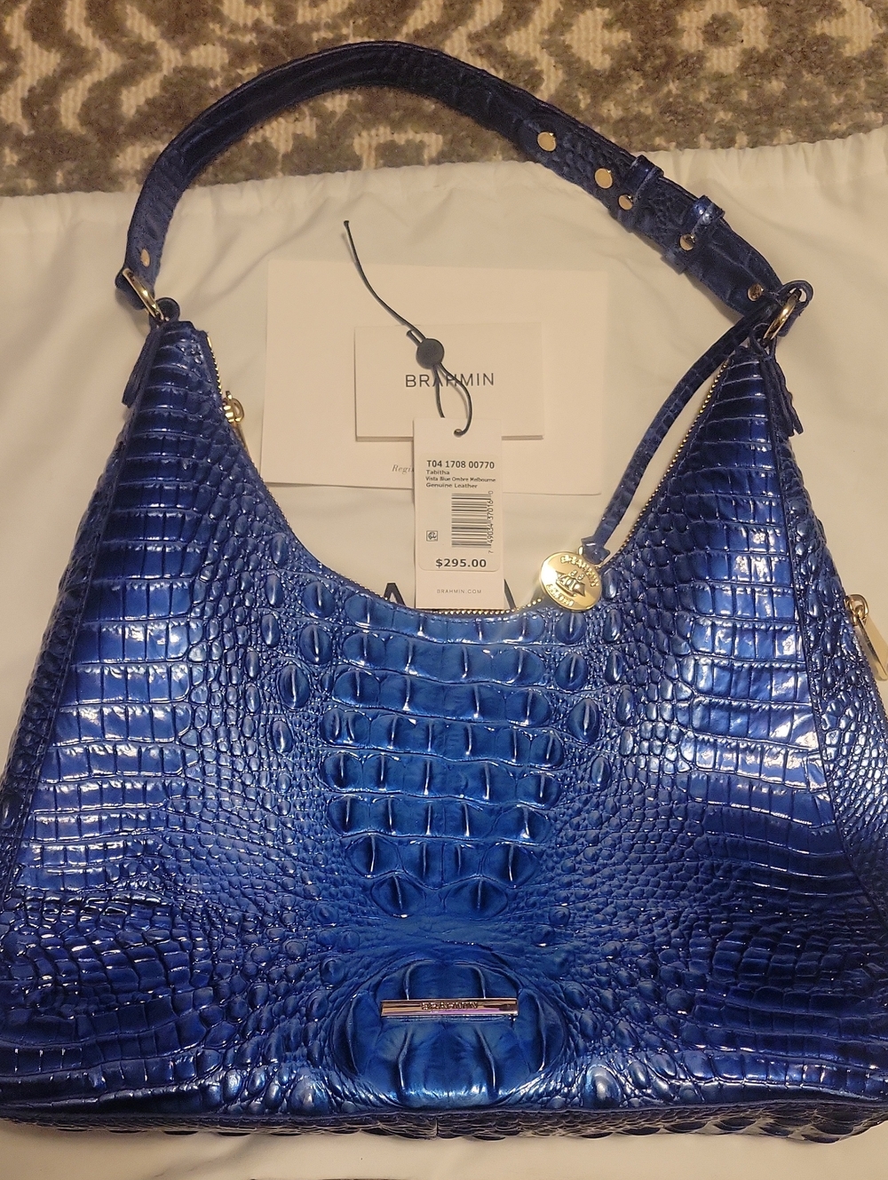 Brahmin Shaye Large Blue Croc-Embossed Shoulder Bag